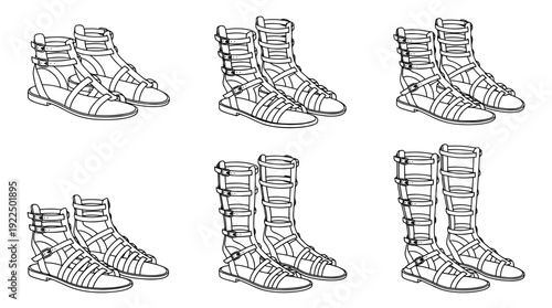 gladiator sandals, 6 black delicate line drawings vector set collection , white background , PNG and SVG