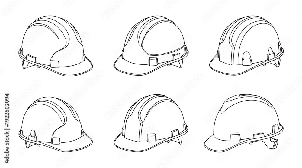 Fototapeta premium hard hat, 6 black delicate line drawings vector set collection , white background , PNG and SVG