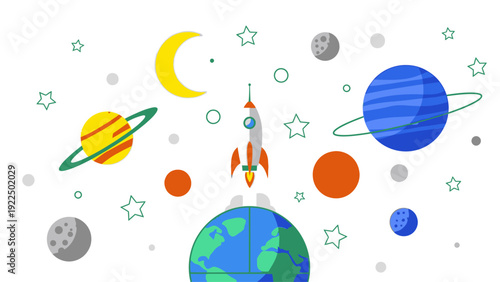 Flat illustration of a colorful rocket launching from Earth amidst planets, moons, and stars in a vibrant, cartoonish space scene.