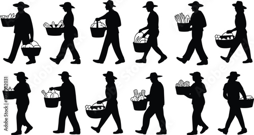 Farmers carrying baskets of fresh vegetables silhouettes, agricultural workers walking with harvest isolated on white background, black vector illustration set for farming and market design
