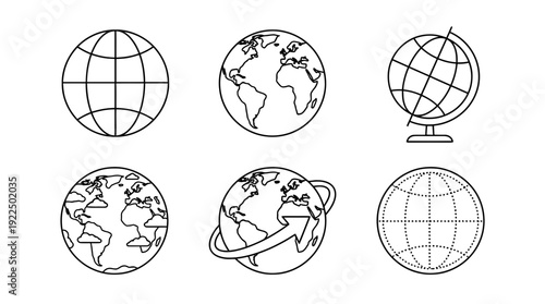 globe earth, 6 black delicate line drawings vector set collection , white background , PNG and SVG