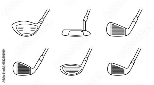 golf club, 6 black delicate line drawings vector set collection , white background , PNG and SVG