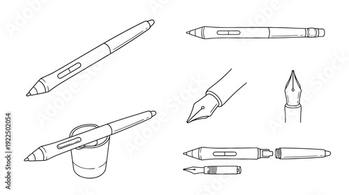 graphics tablet pen, 6 black delicate line drawings vector set collection , white background , PNG and SVG