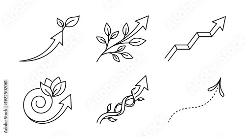 growth arrow, 6 black delicate line drawings vector set collection , white background , PNG and SVG