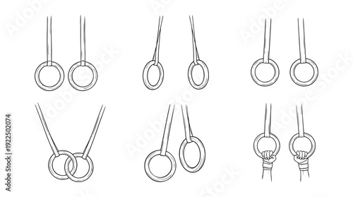 gym rings, 6 black delicate line drawings vector set collection , white background , PNG and SVG
