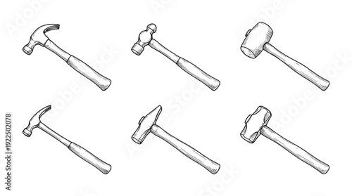 hammer, 6 black delicate line drawings vector set collection , white background , PNG and SVG