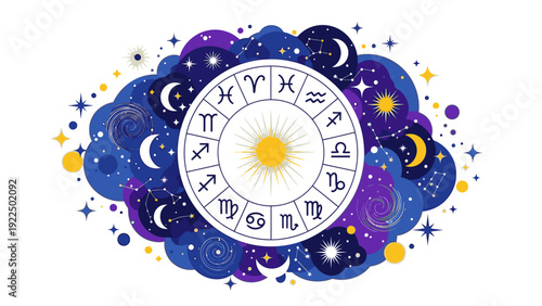 Illustration of a zodiac wheel with astrological symbols surrounded by colorful celestial elements on a white background.