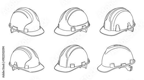 hard hat, 6 black delicate line drawings vector set collection , white background , PNG and SVG