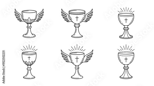 holy grail, 6 black delicate line drawings vector set collection , white background , PNG and SVG