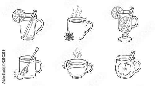 hot toddy, 6 black delicate line drawings vector set collection , white background , PNG and SVG