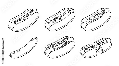 hot dog, 6 black delicate line drawings vector set collection , white background , PNG and SVG