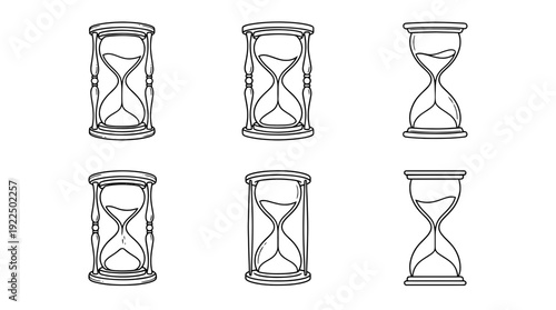 hourglass, 6 black delicate line drawings vector set collection , white background , PNG and SVG