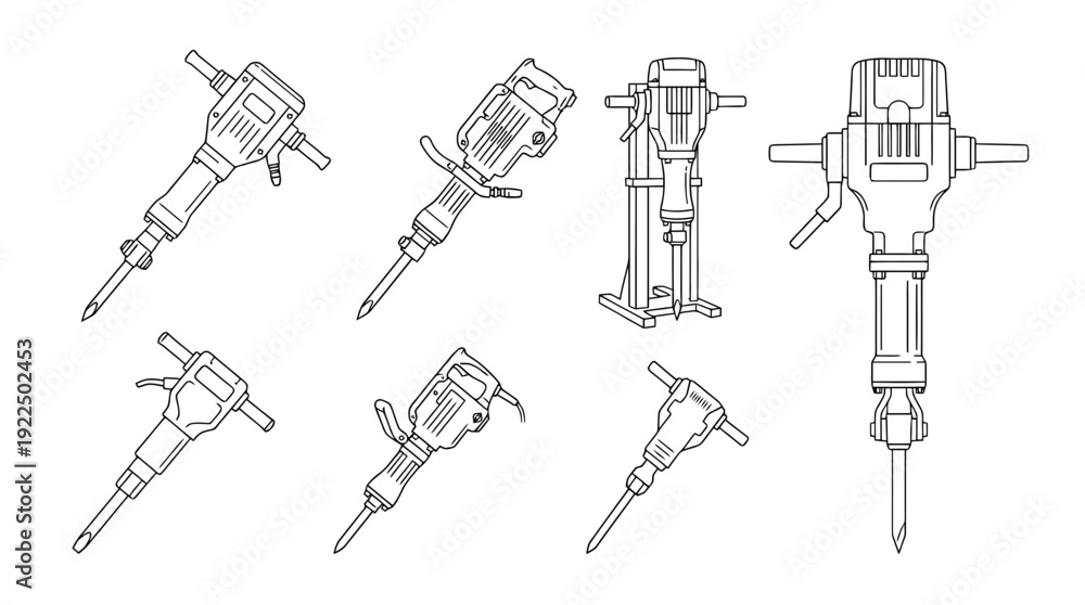 Obraz premium jackhammer, 6 black delicate line drawings vector set collection , white background , PNG and SVG