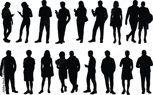 People silhouettes using smartphones, men women standing walking texting social media communication isolated white background set