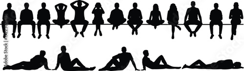 People sitting silhouettes men women seated bench waiting resting relaxation casual poses figures set