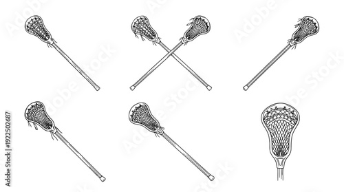 lacrosse stick, 6 black delicate line drawings vector set collection , white background , PNG and SVG