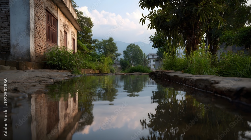 Obraz premium Serene village scene with still water reflecting the building and sky at dawn