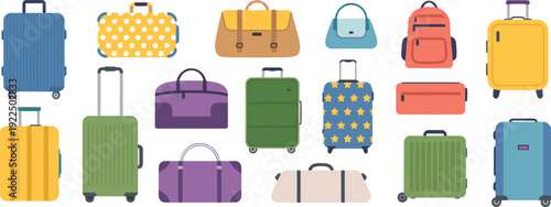 Colorful travel luggage collection set isolated on light background, flat vector suitcases, bags and backpacks illustration for vacation, tourism and travel concept