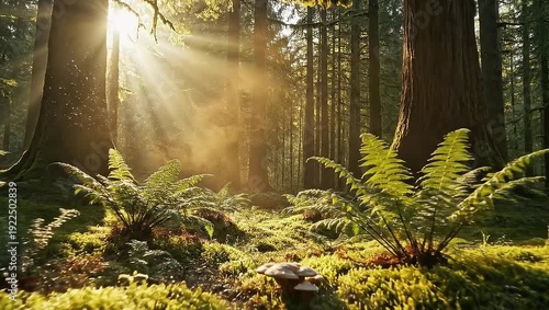 Sunlight streaming through trees onto lush ferns in a forest  
