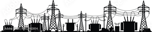 Electric power plant and high voltage transmission towers silhouette, energy substation with transformers and power lines vector illustration isolated on light background