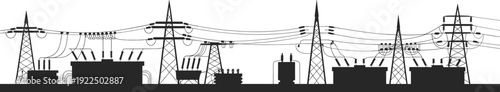 High voltage power substation and transmission towers silhouette, electric energy distribution system with transformers and overhead lines vector illustration isolated background