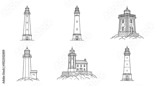 lighthouse, 6 black delicate line drawings vector set collection , white background , PNG and SVG