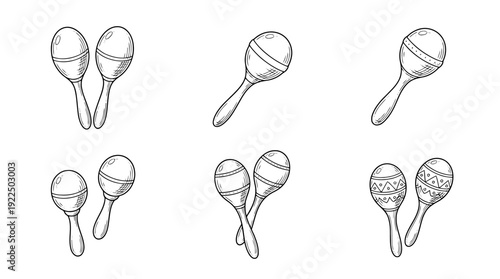 maracas, 6 black delicate line drawings vector set collection , white background , PNG and SVG
