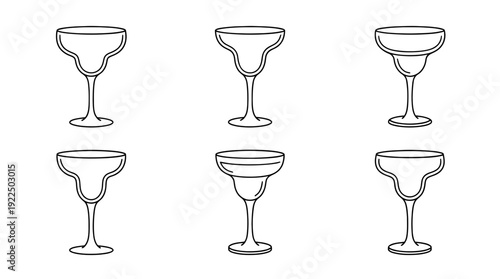 margarita glass, 6 black delicate line drawings vector set collection , white background , PNG and SVG
