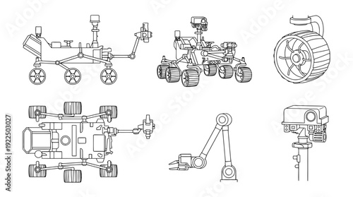 mars rover, 6 black delicate line drawings vector set collection , white background , PNG and SVG