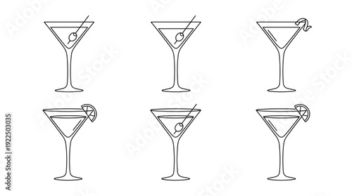 martini glass, 6 black delicate line drawings vector set collection , white background , PNG and SVG