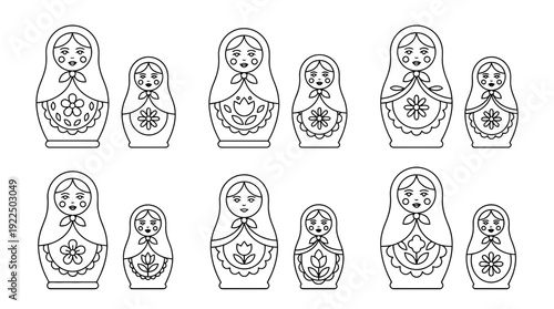 matryoshka doll, 6 black delicate line drawings vector set collection , white background , PNG and SVG