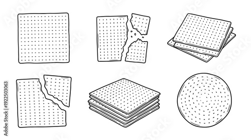 matzo, 6 black delicate line drawings vector set collection , white background , PNG and SVG