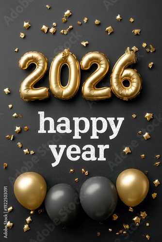 Golden 2026 numbers with happy year text, black background, balloons and confetti for celebration