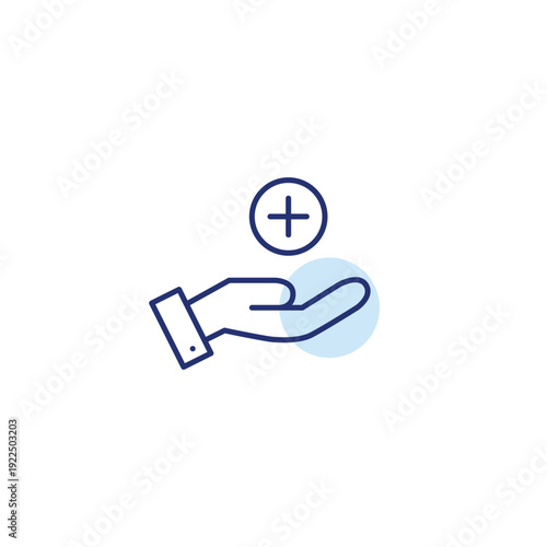 Giving support, user access. Hand and plus symbol. Pixel perfect, editable stroke vector icon