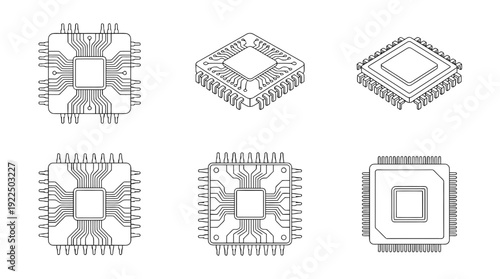 microchip, 6 black delicate line drawings vector set collection , white background , PNG and SVG