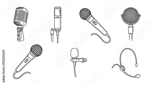 microphone streaming, 6 black delicate line drawings vector set collection , white background , PNG and SVG