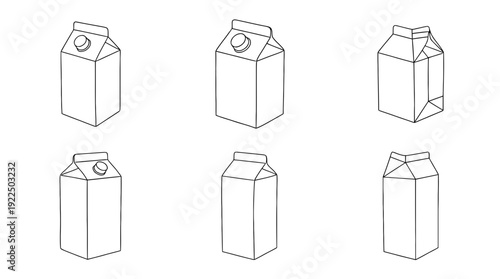 milk carton, 6 black delicate line drawings vector set collection , white background , PNG and SVG