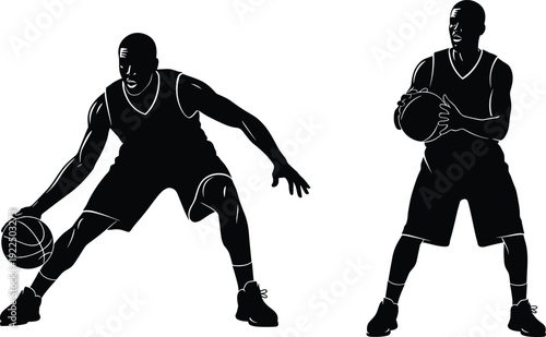 Basketball player silhouettes in action black jersey dribbling and holding ball dynamic poses athletic male figures sport competition defense offense vector