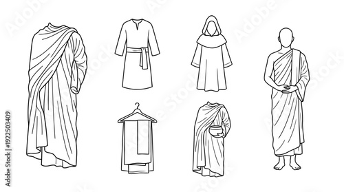 monk robe, 6 black delicate line drawings vector set collection , white background , PNG and SVG