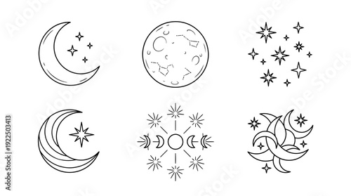 moon and stars, 6 black delicate line drawings vector set collection , white background , PNG and SVG