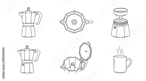 moka pot, 6 black delicate line drawings vector set collection , white background , PNG and SVG
