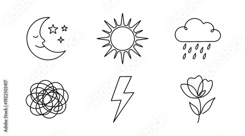 mood tracker, 6 black delicate line drawings vector set collection , white background , PNG and SVG