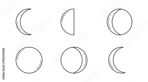 moon phases, 6 black delicate line drawings vector set collection , white background , PNG and SVG