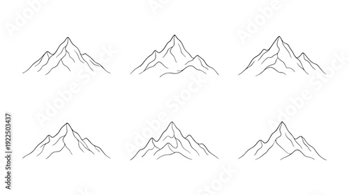 mountain peak, 6 black delicate line drawings vector set collection , white background , PNG and SVG