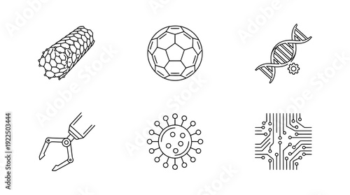 nanotechnology, 6 black delicate line drawings vector set collection , white background , PNG and SVG