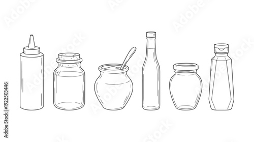 mustard bottle, 6 black delicate line drawings vector set collection , white background , PNG and SVG