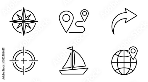 navigation icon, 6 black delicate line drawings vector set collection , white background , PNG and SVG