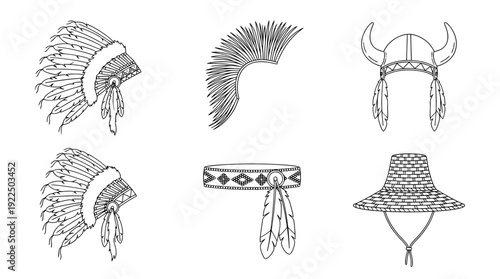 native american headdress, 6 black delicate line drawings vector set collection , white background , PNG and SVG