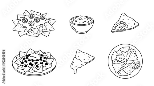 nachos, 6 black delicate line drawings vector set collection , white background , PNG and SVG