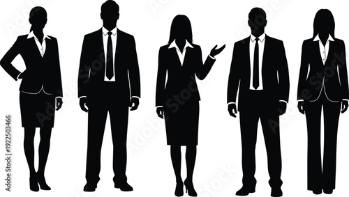 Black silhouette diverse business team in suits and blazers, men and women standing confidently one gesturing hand vector illustration